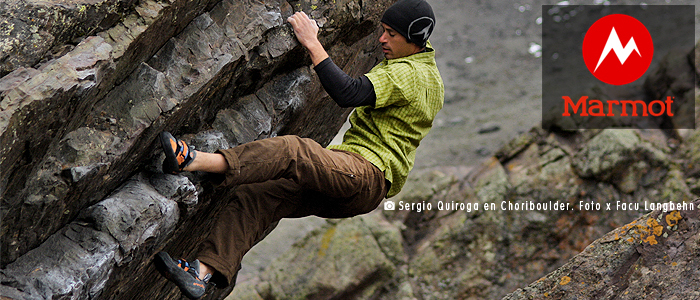 Banner Keko Quiroga en un boulder en Choriboulder para Marmot