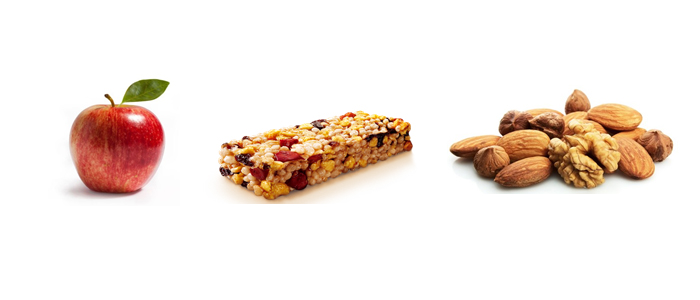 1 unidad de manzana 65 calorías -1 barra de cereal 70-80 calorías- 1 barra de cereal  70-80 calorías.
